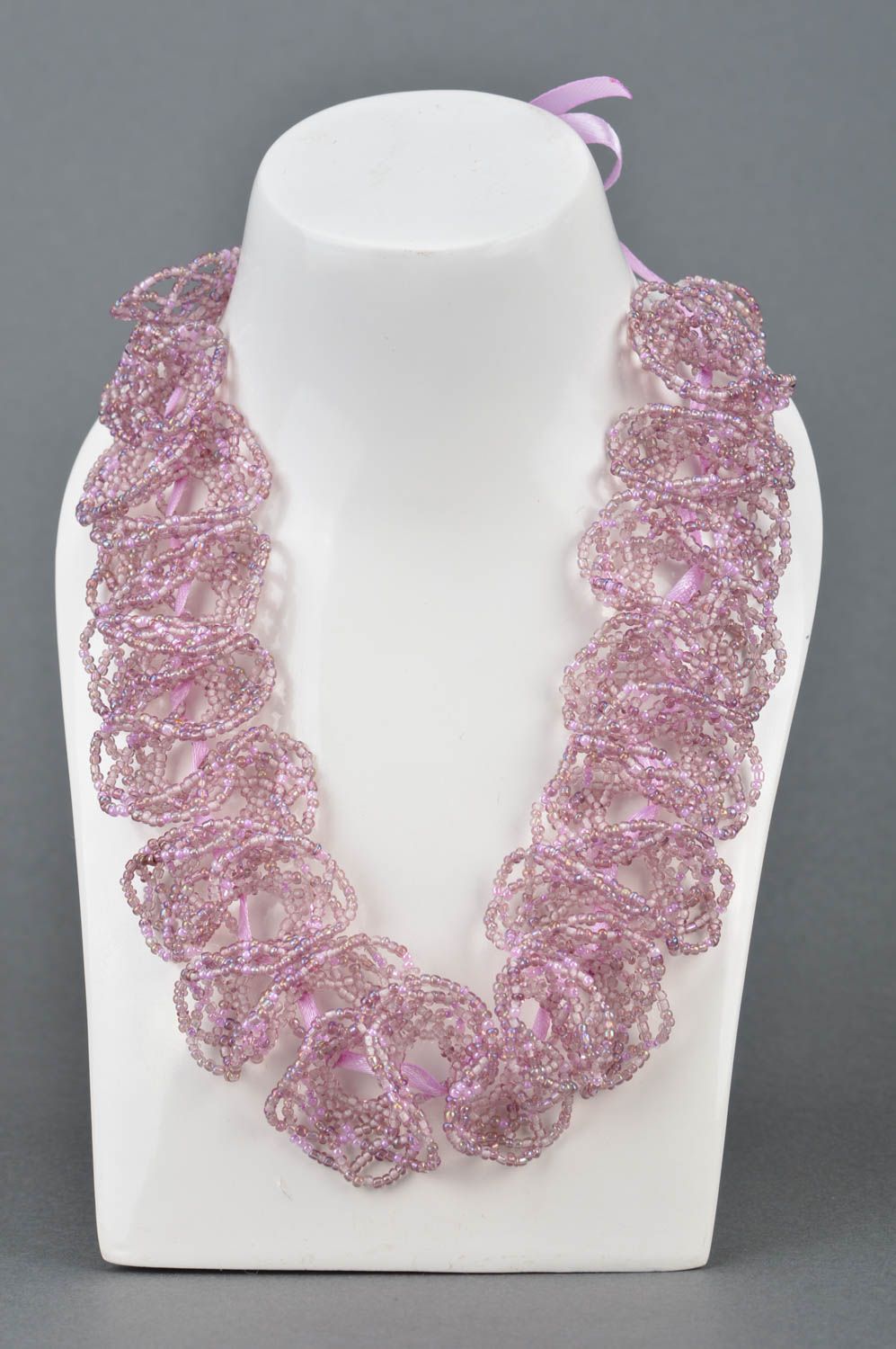 Beautiful lavender handmade designer beaded lace necklace with satin ribbons photo 3