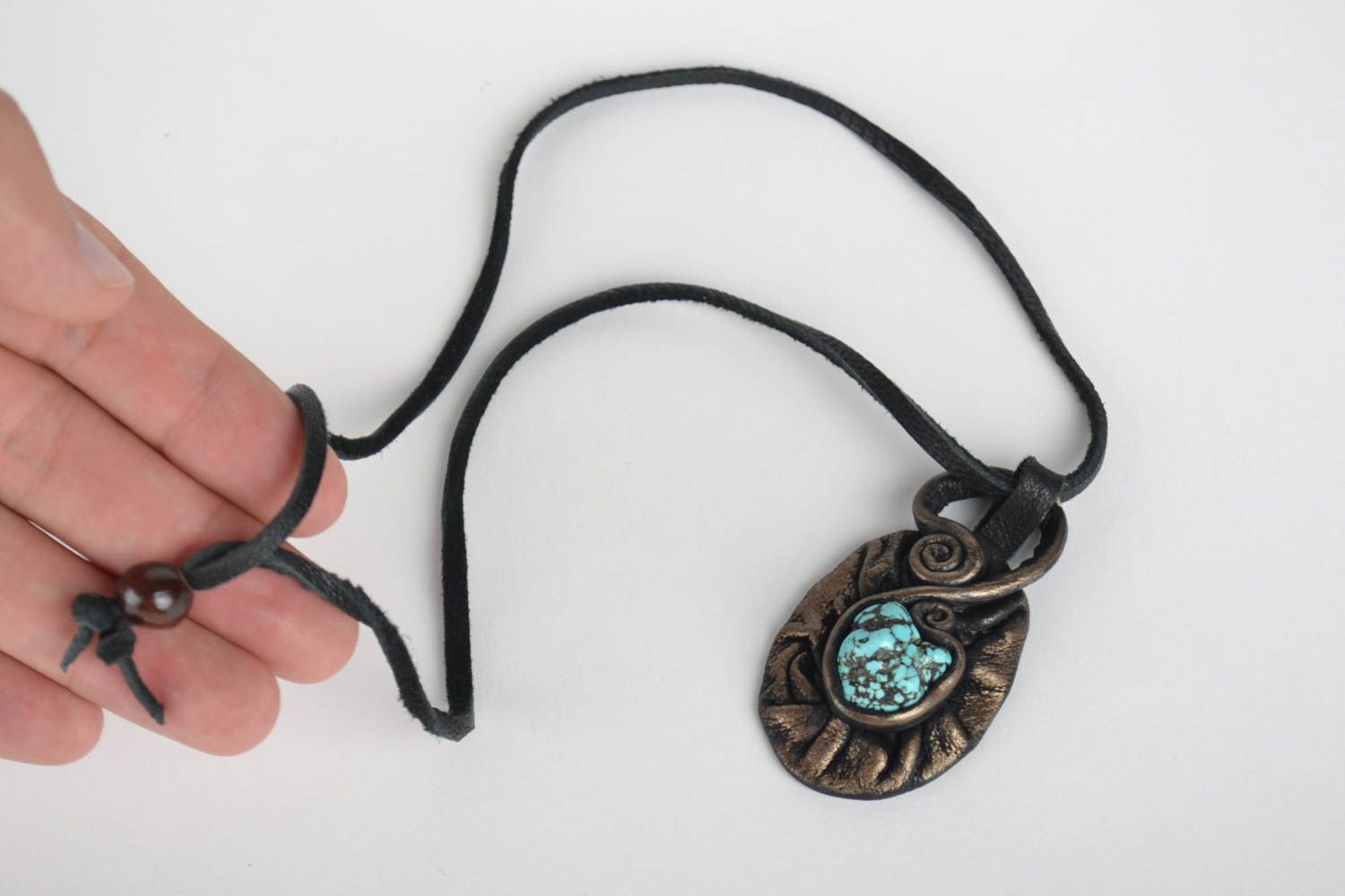 Necklace made of leather with turquoise pendant handmade leather jewelry photo 5