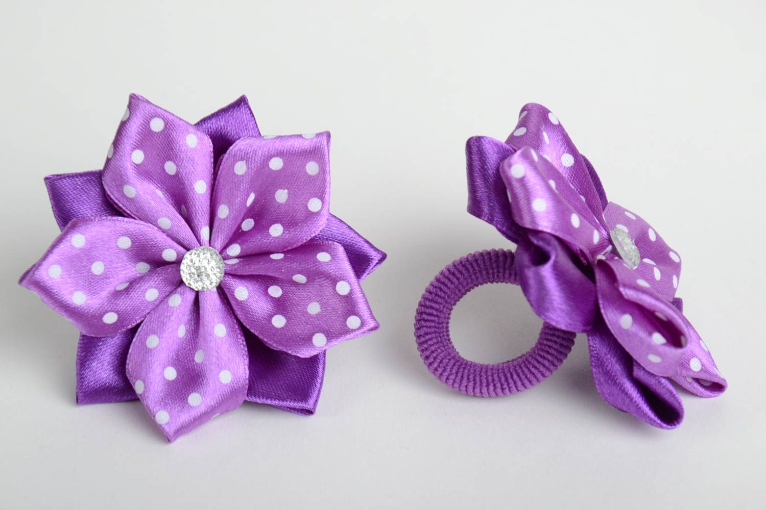Handmade hair clips with violet satin ribbon kanzashi flowers set of 2 items photo 4