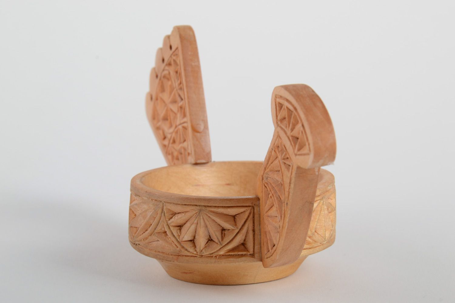 Small handmade varnished carved wooden salt cellar in Slavic style Bird photo 4