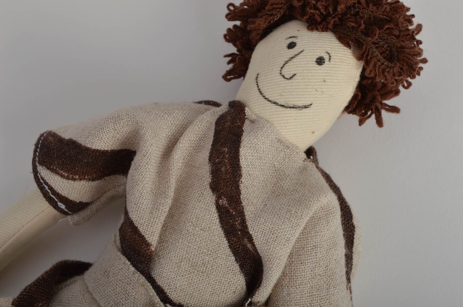 Handmade designer fabric soft doll for kids and interior decor boy with bag photo 4