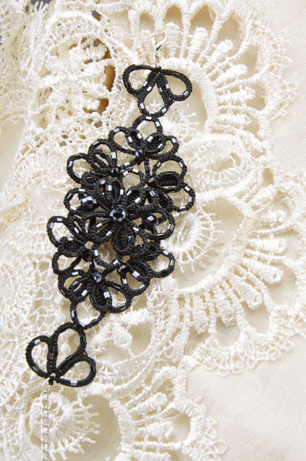Wide black lacy ankars tatting bracelet woven of satin threads handmade photo 2