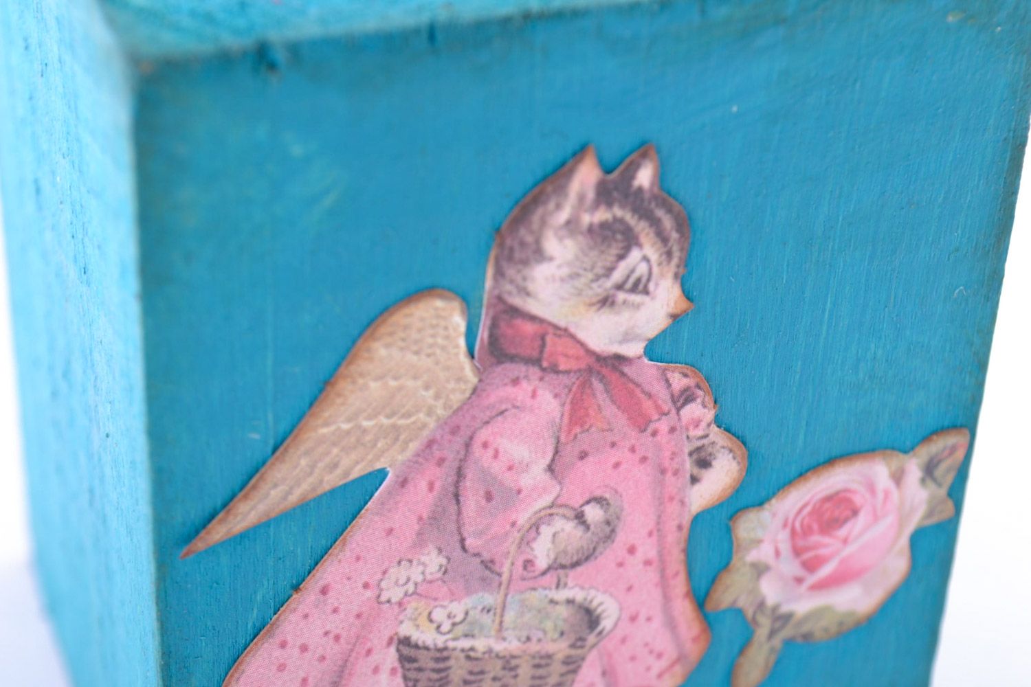 Candelero de madera para vela plana artesanal azul con dibujo de gato foto 3