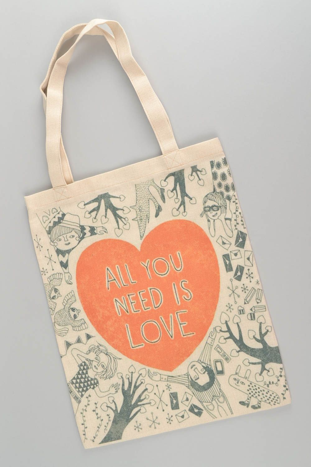 Handmade fabric women's designer bag with print All you need is love photo 2