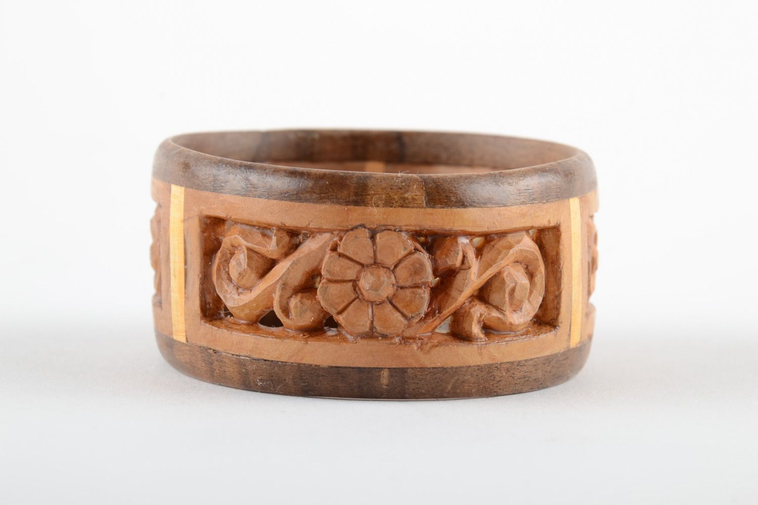 Two colored handmade wide wooden wrist bracelet with intarsia for women photo 2