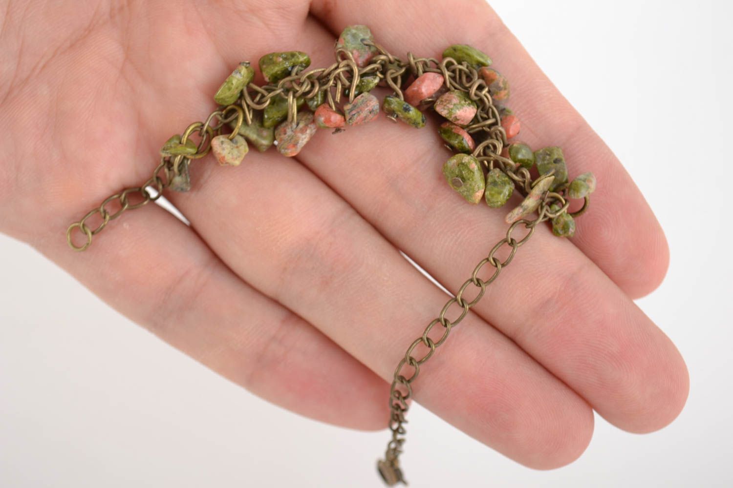 Handmade designer metal chain women's wrist bracelet with unakite stone charms  photo 2