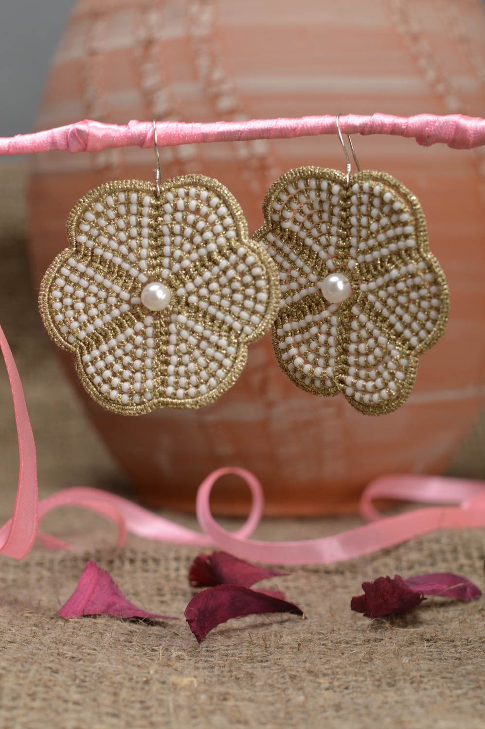 Handmade cute earrings made using tatting technique Cream colored flowers photo 1