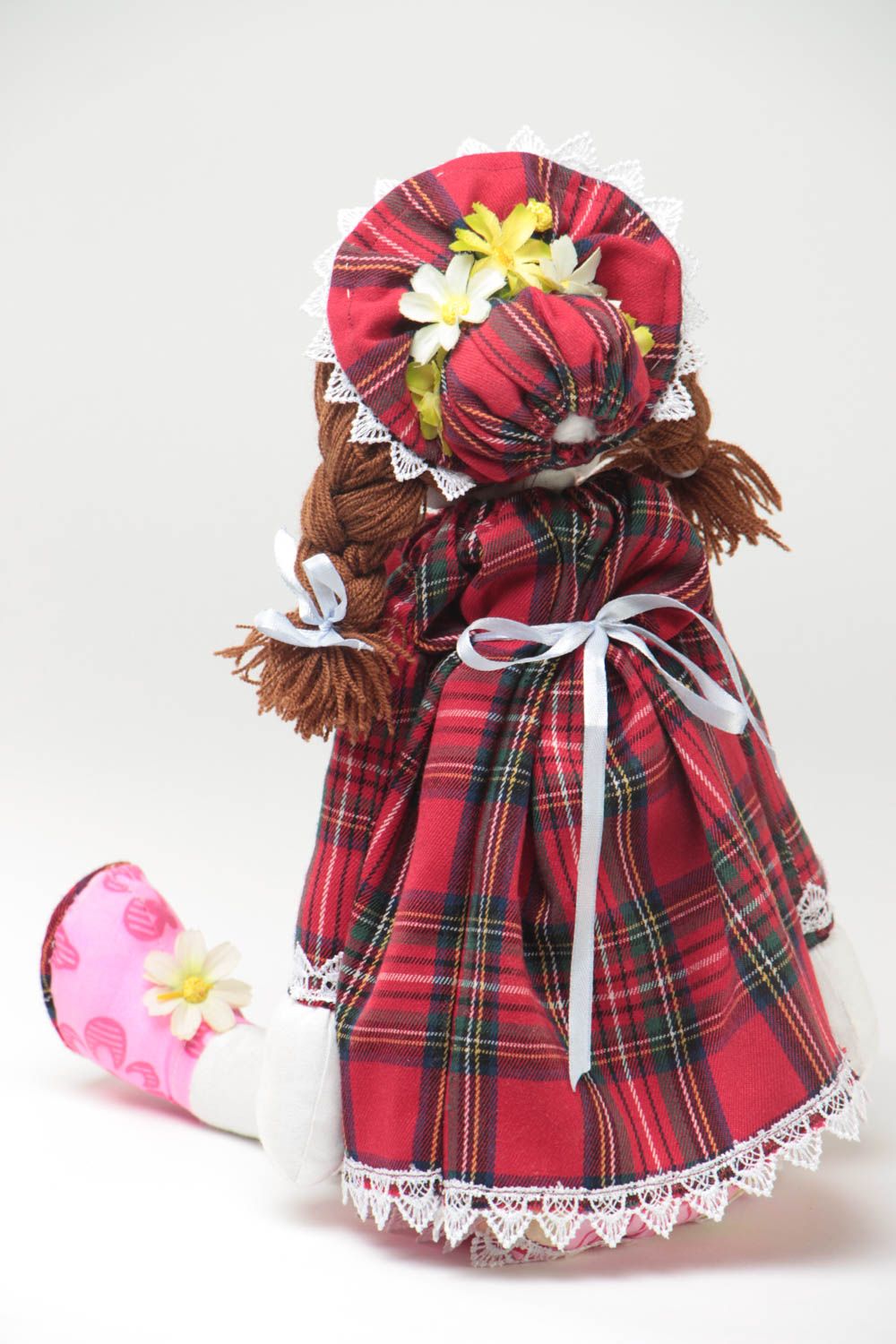 Beautiful handmade fabric soft doll girl with braids for children and decor photo 4