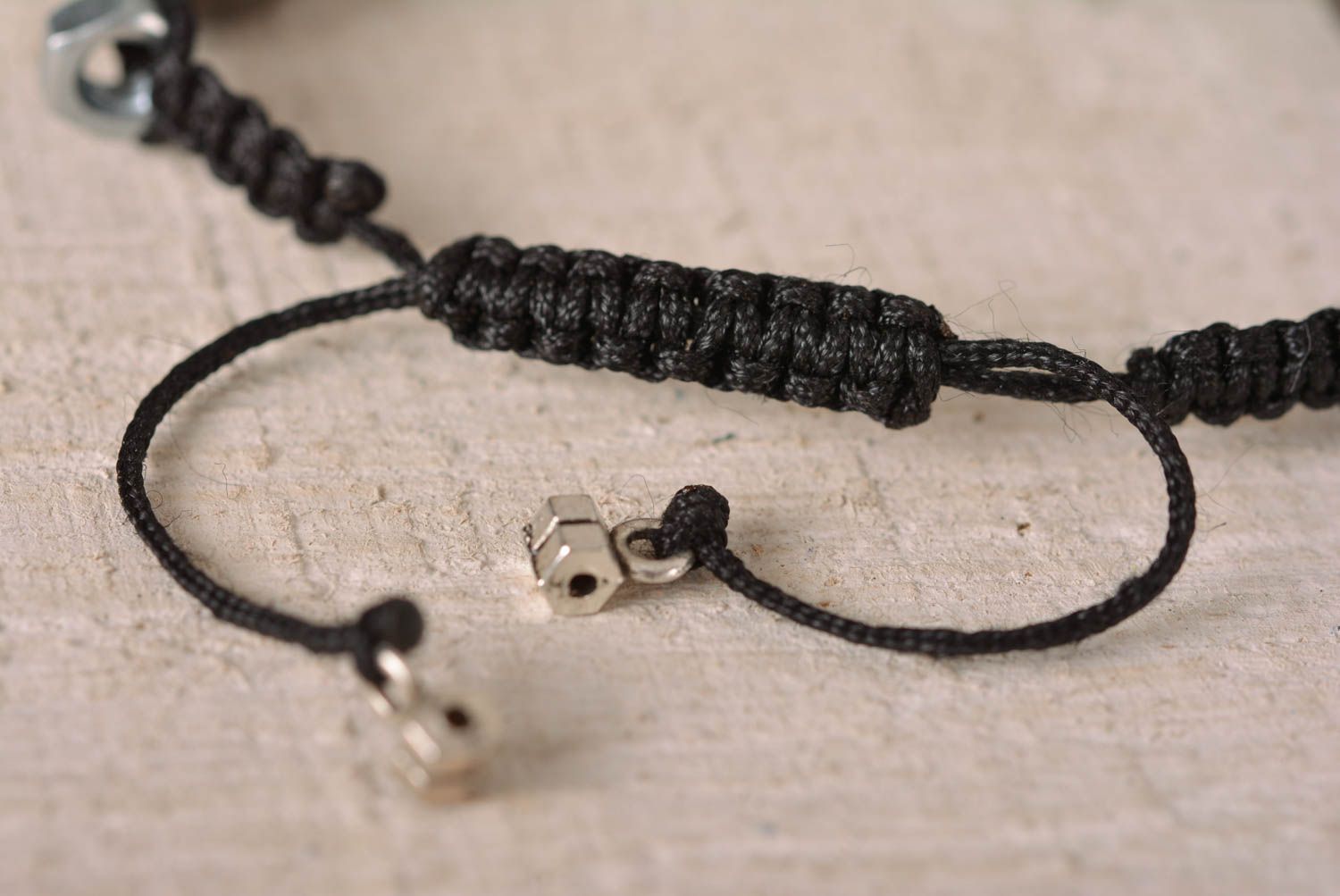 Handmade silver skull color beaded black cord bracelet with female screws photo 4