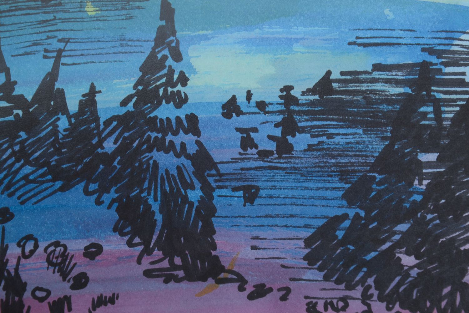 Tableau avec paysage à l'aquarelle et aux surligneurs sur un fond bleu fait main photo 3