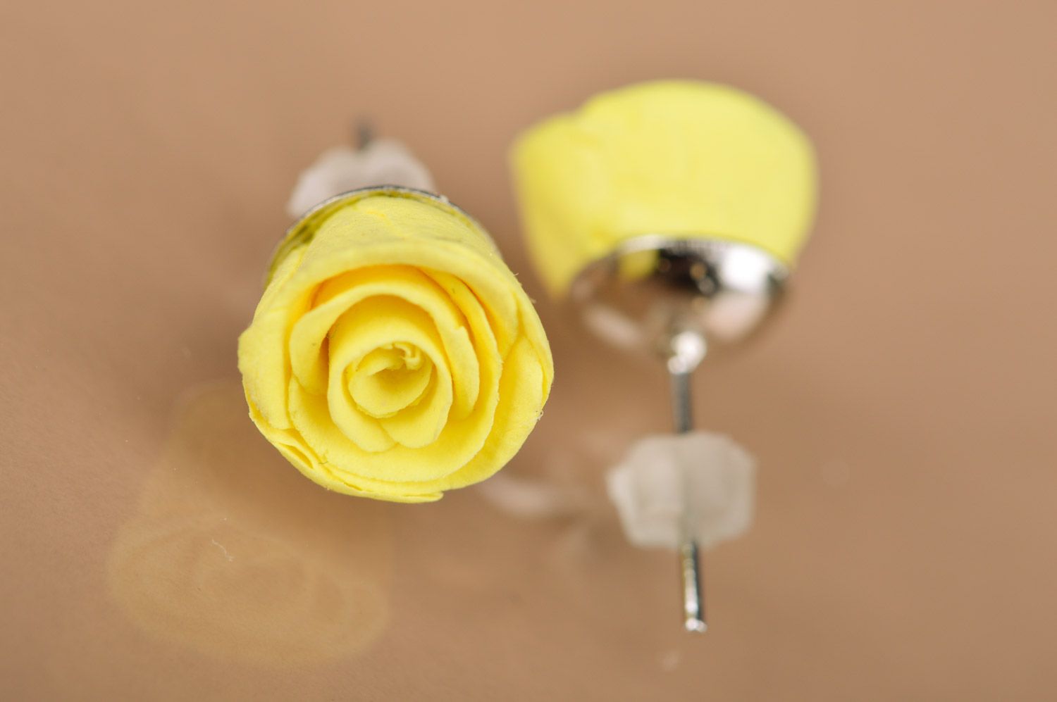 Handmade polymer clay flower stud earrings in the shape of yellow roses photo 5