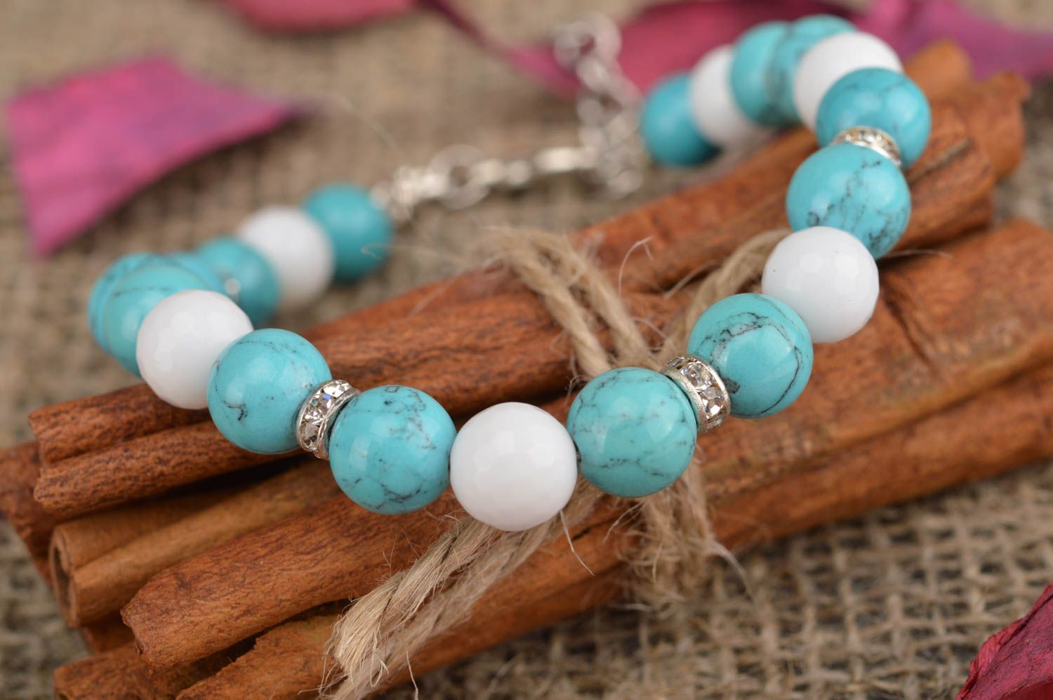 Women's handmade designer woven wrist bracelet with white and turquoise beads photo 1