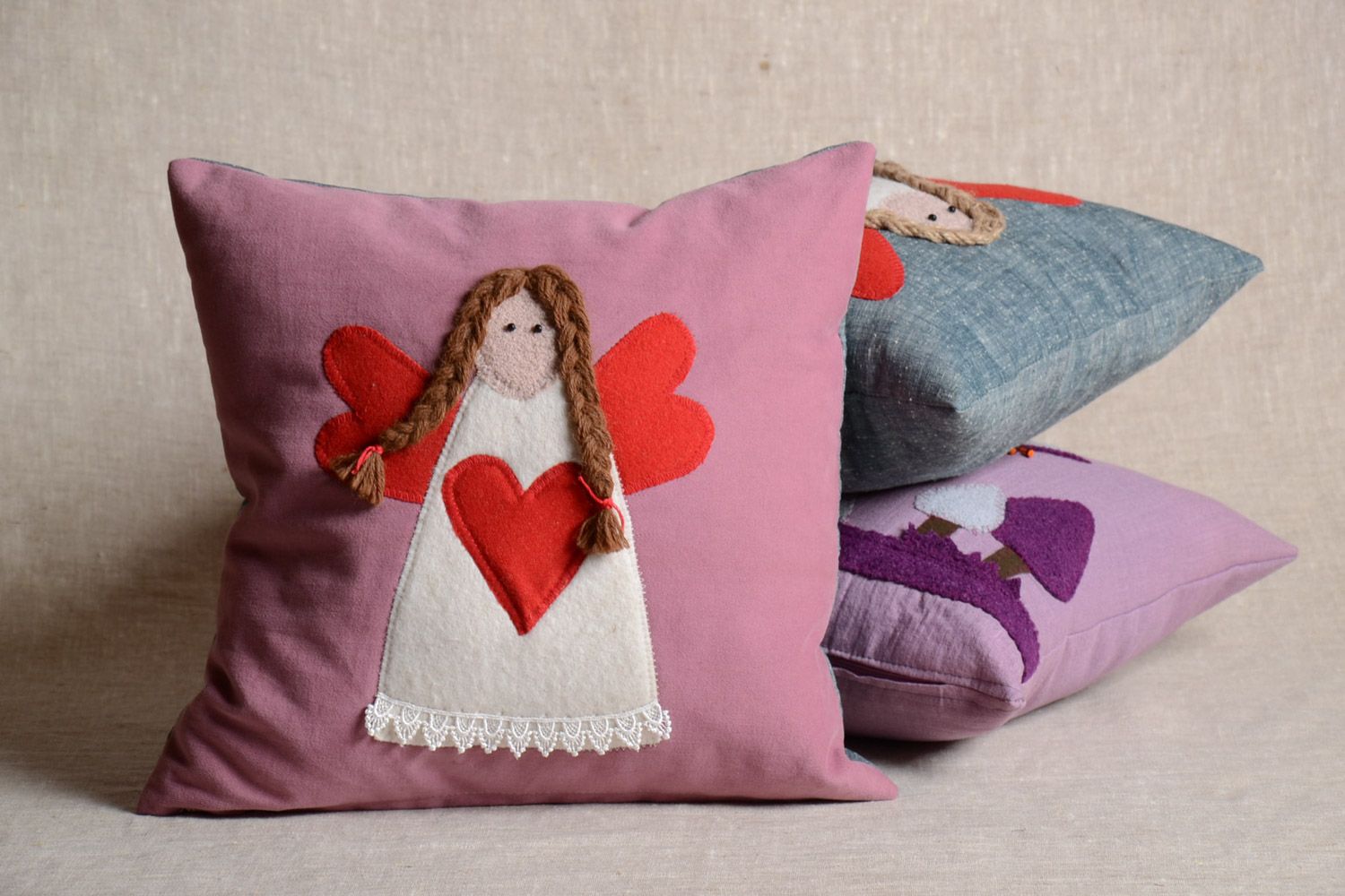 Handmade fabric cushion with removable pillowcase Angel of Love photo 1