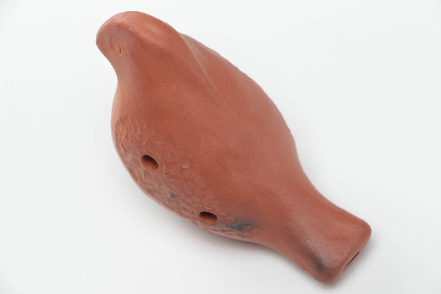 Handmade decorative small brown ceramic ocarina in the shape of bird  photo 3