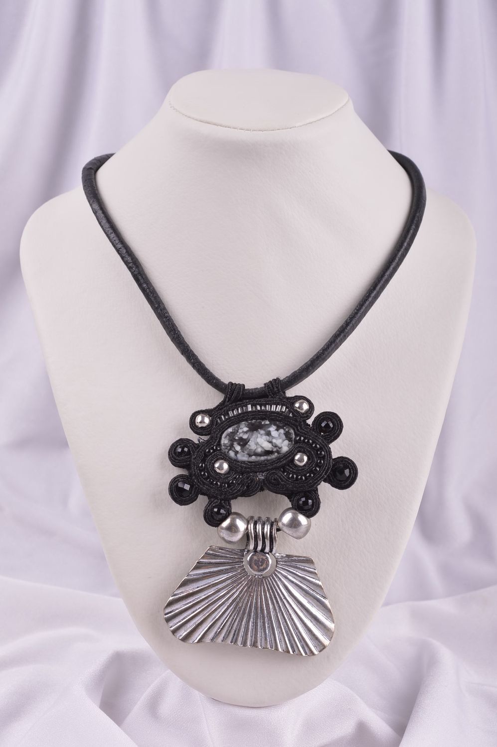 Beautiful handmade soutache textile necklace beaded pendant fashion trends photo 1