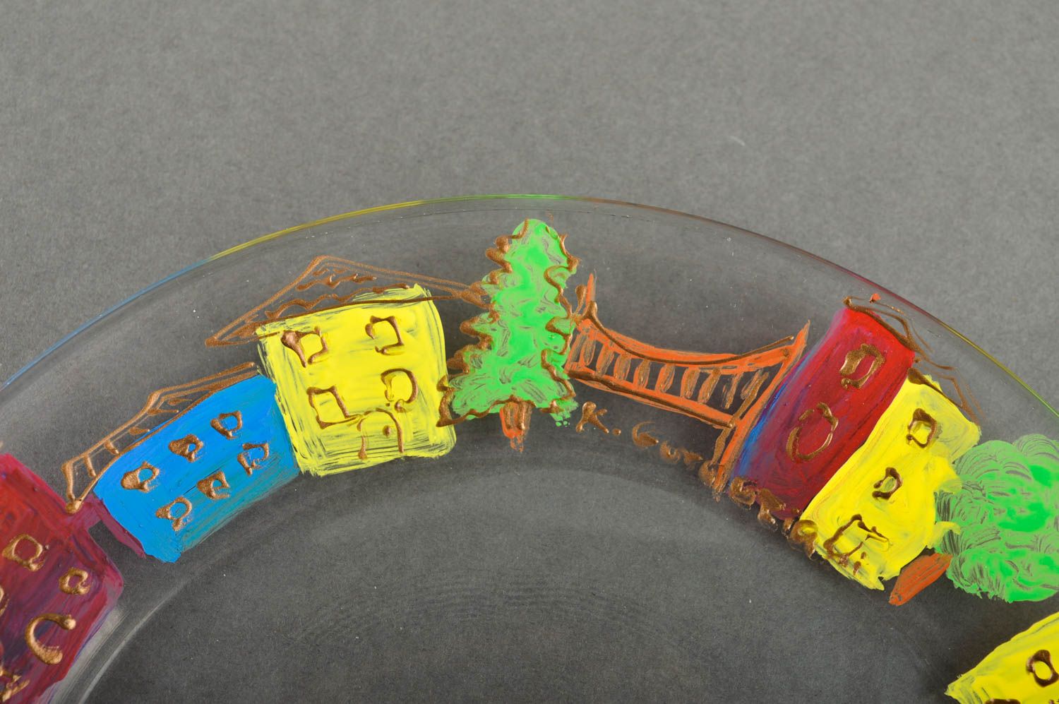 Керамика ручной работы расписная тарелка посуда из стекла Разноцветные домики фото 5