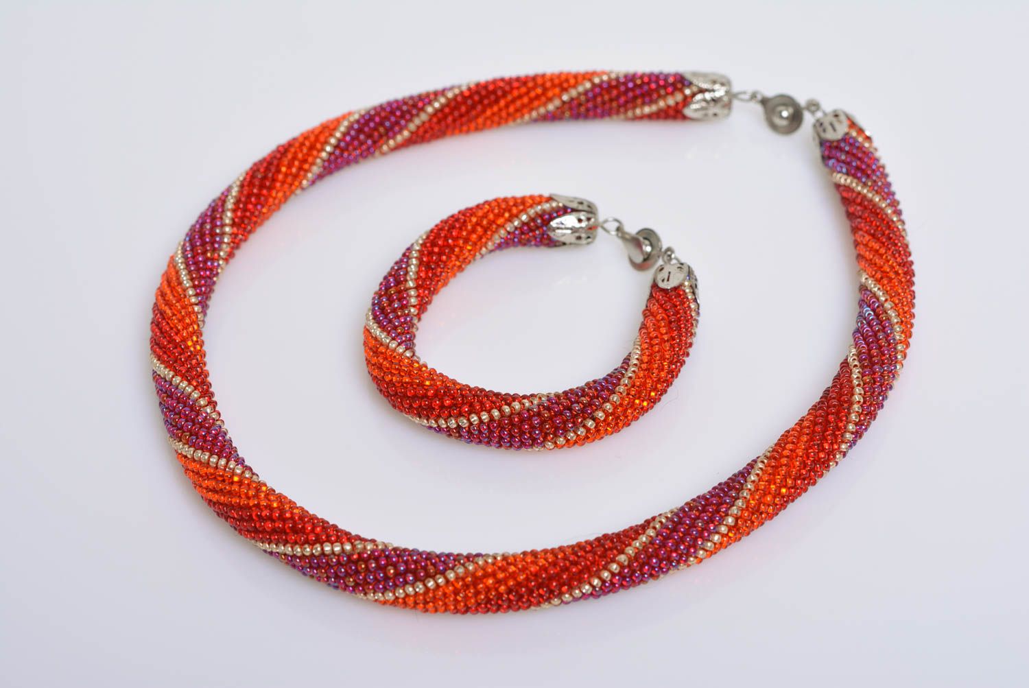 Set of handmade bright red striped bead woven jewelry bracelet and cord necklace photo 1