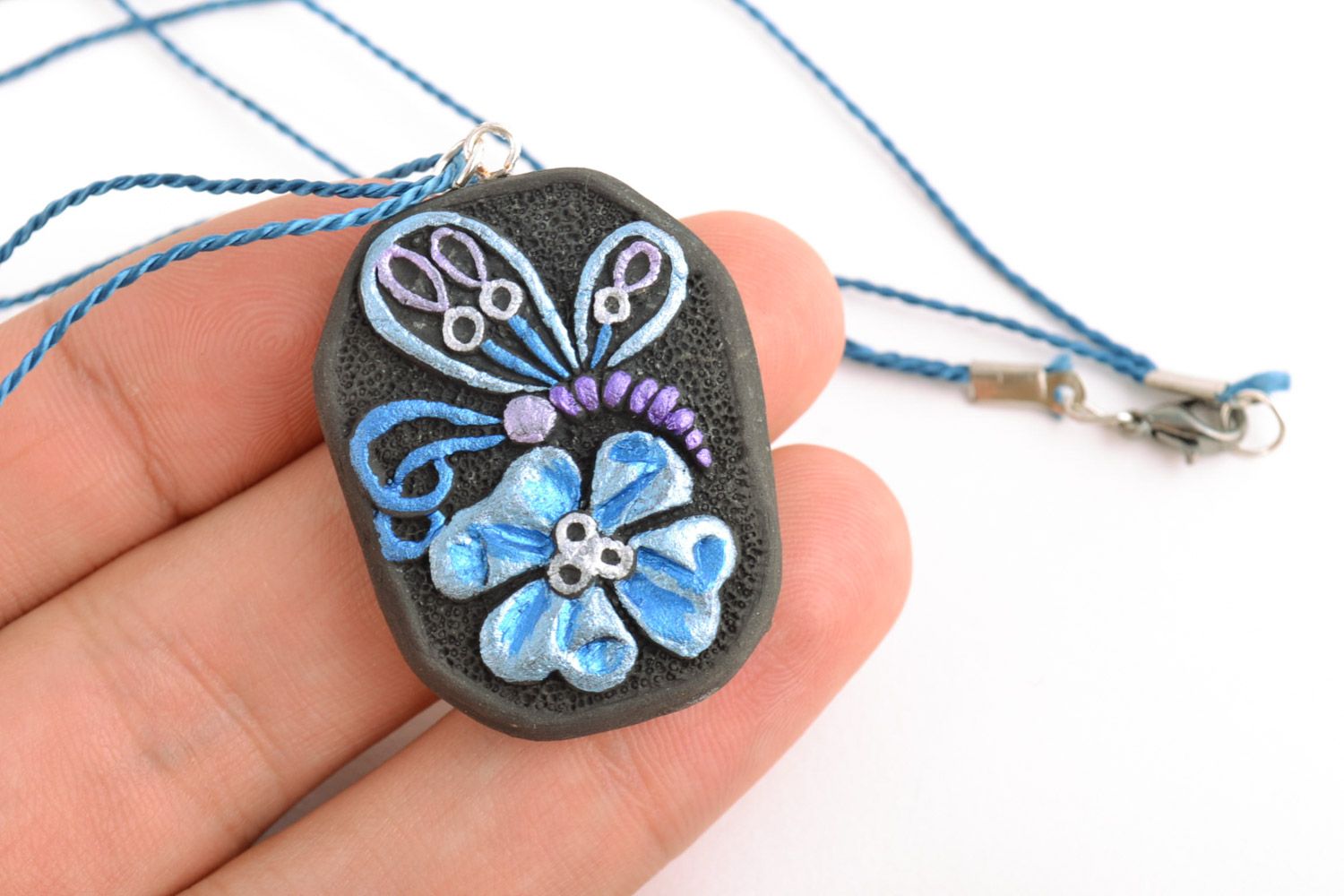 Handmade ceramic pendant painted with acrylics on cord Butterfly on Flower photo 2