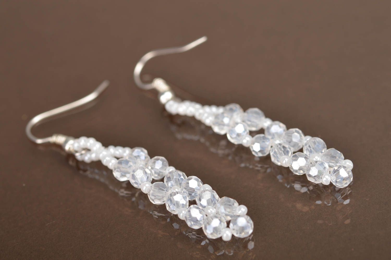 Exquisite handcrafted white long earrings made of Czech beads and crystal photo 2