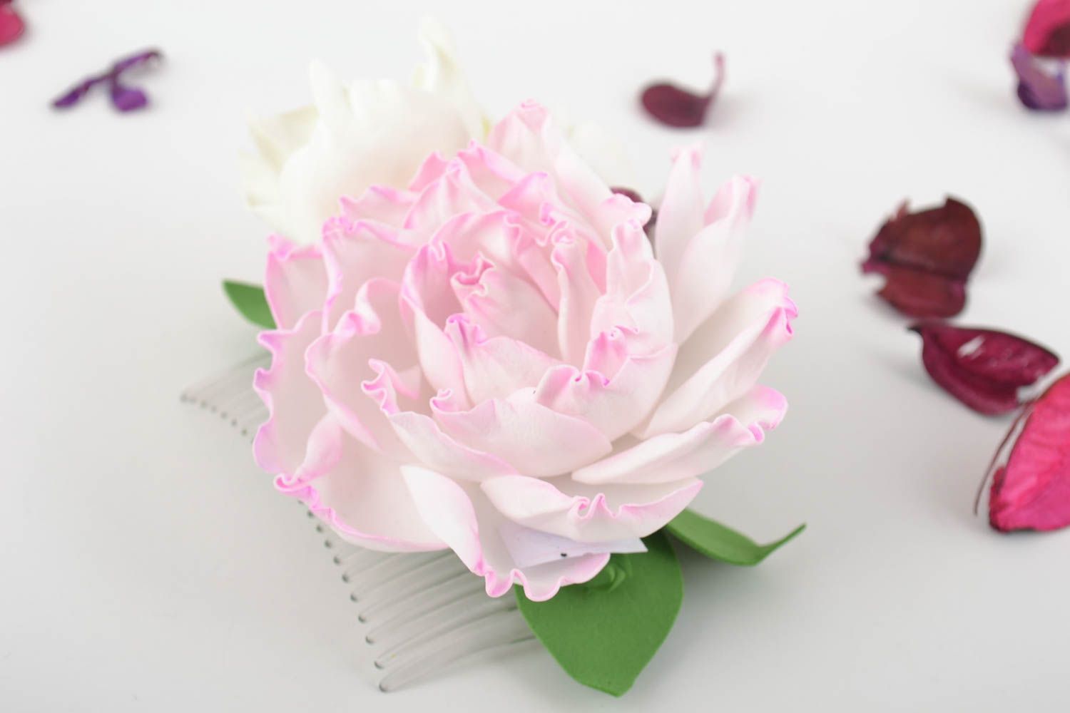 Гребешок для волос из фоамирана авторского дизайна с розовым цветком красивый фото 1