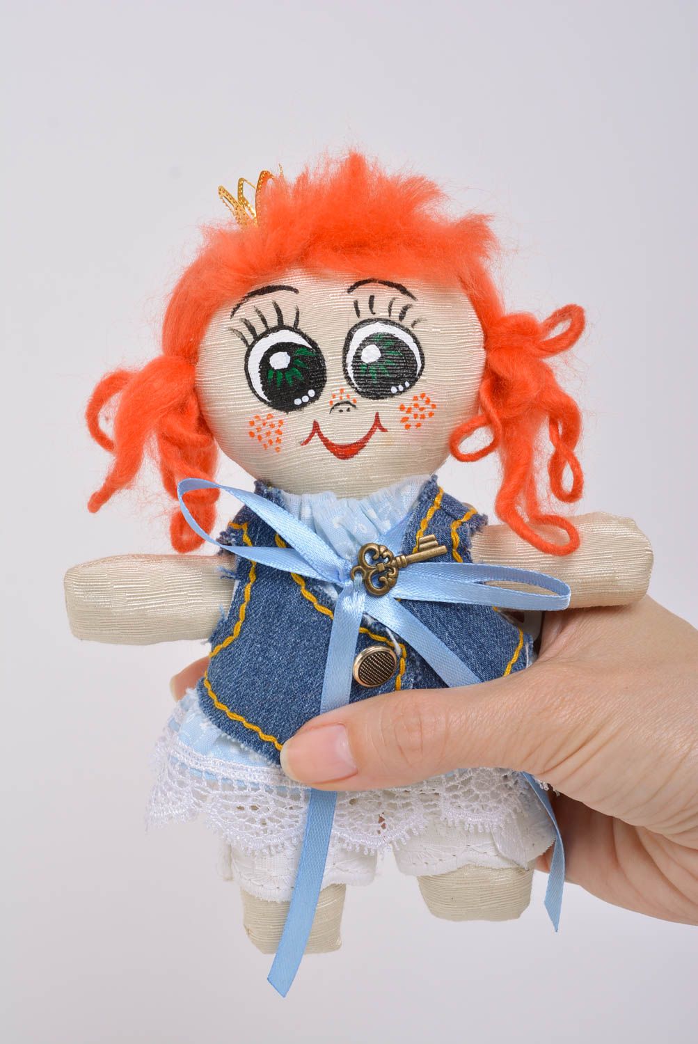 Handmade small fabric soft doll little princess in denim dress with ginger hair photo 4
