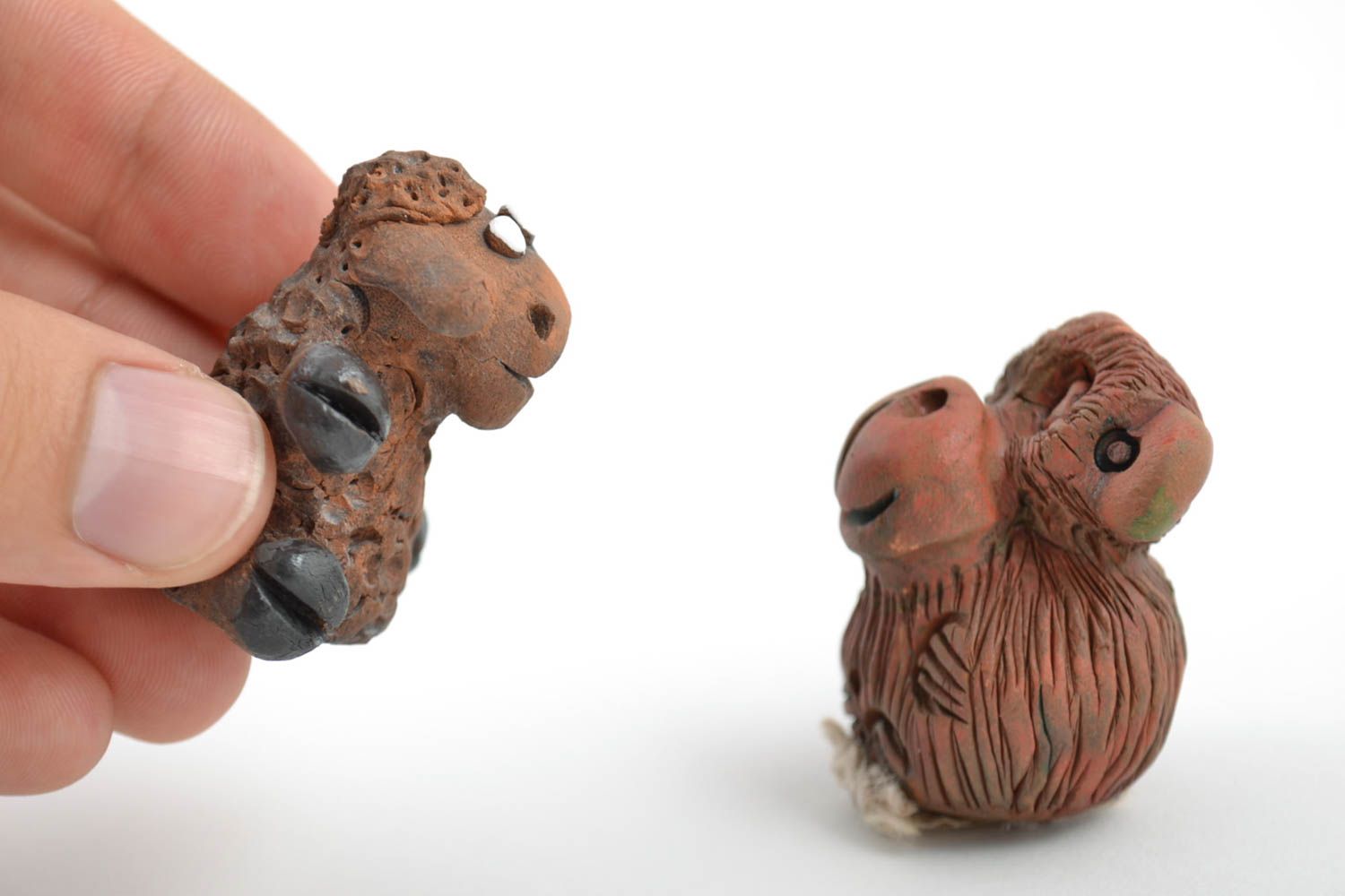 Set of 2 handmade collectible miniature ceramic figurines of lamb and monkey photo 2