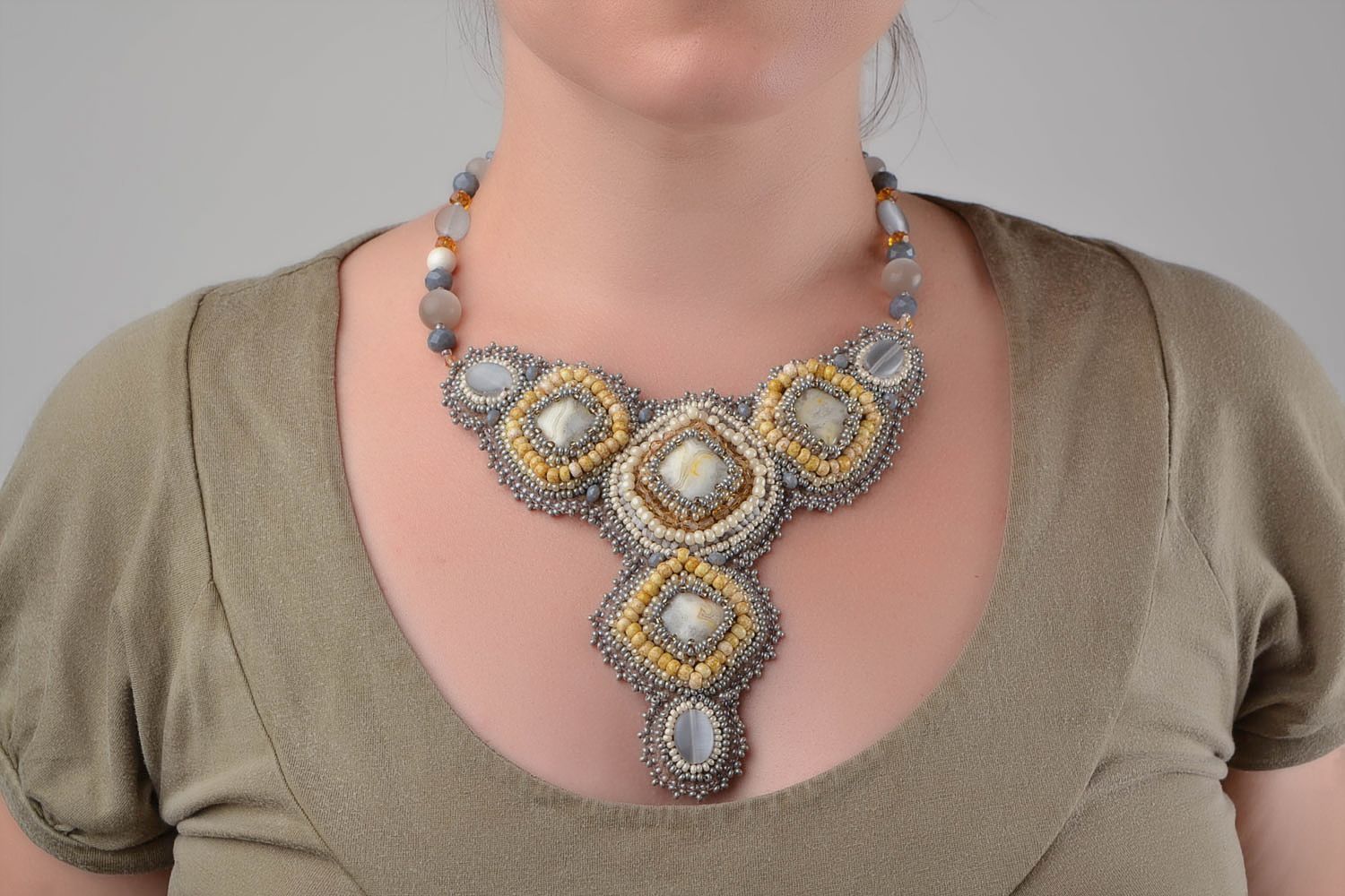 Unusual beautiful gray handmade designer beaded necklace with natural stones photo 1