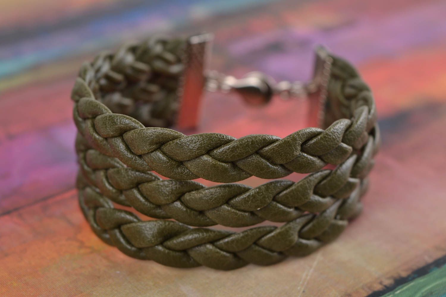 Handmade bracelet braided of artificial leather stylish wide designer accessory photo 1