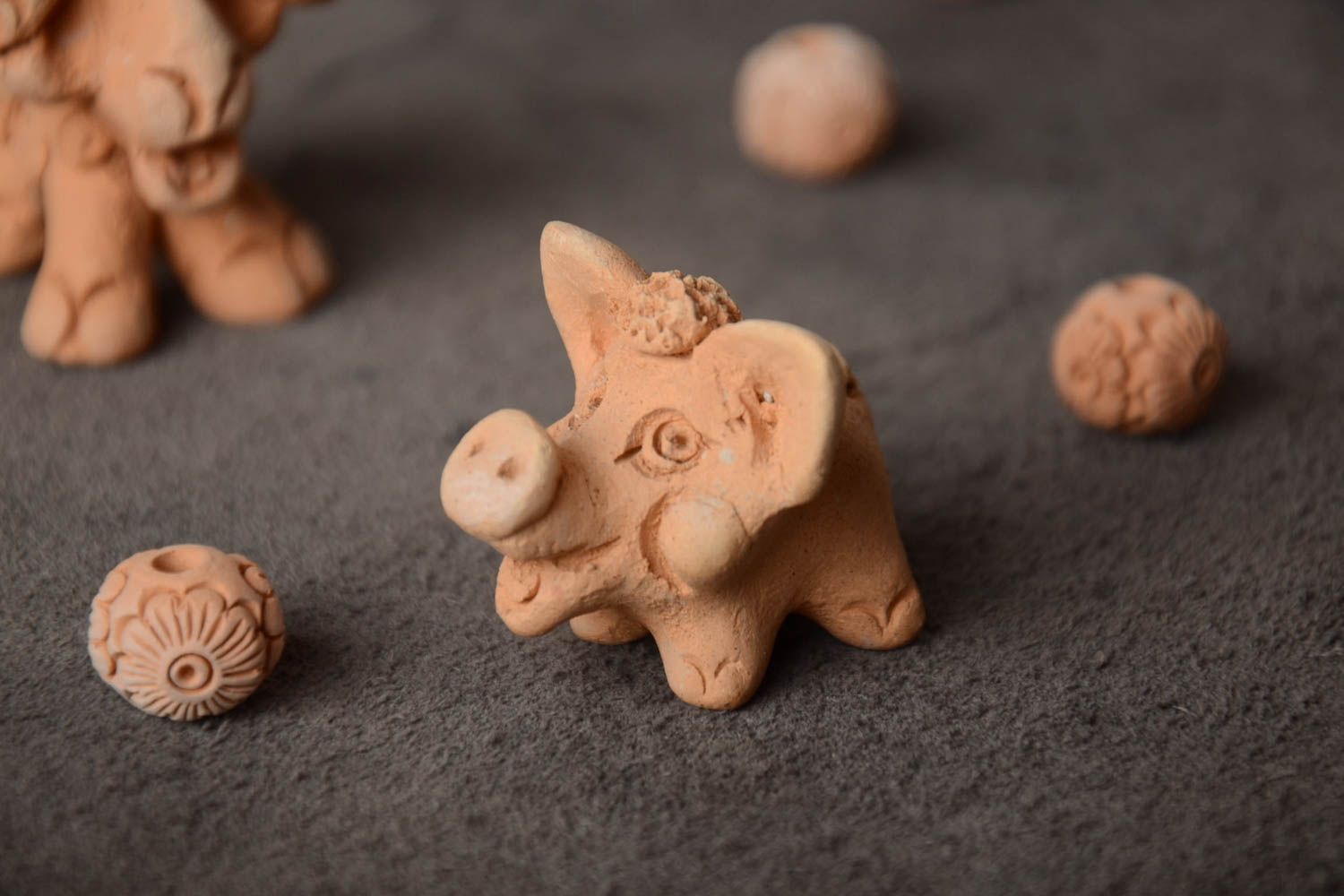 Handmade tiny funny animal figurine molded of pottery clay pig for table decor photo 1