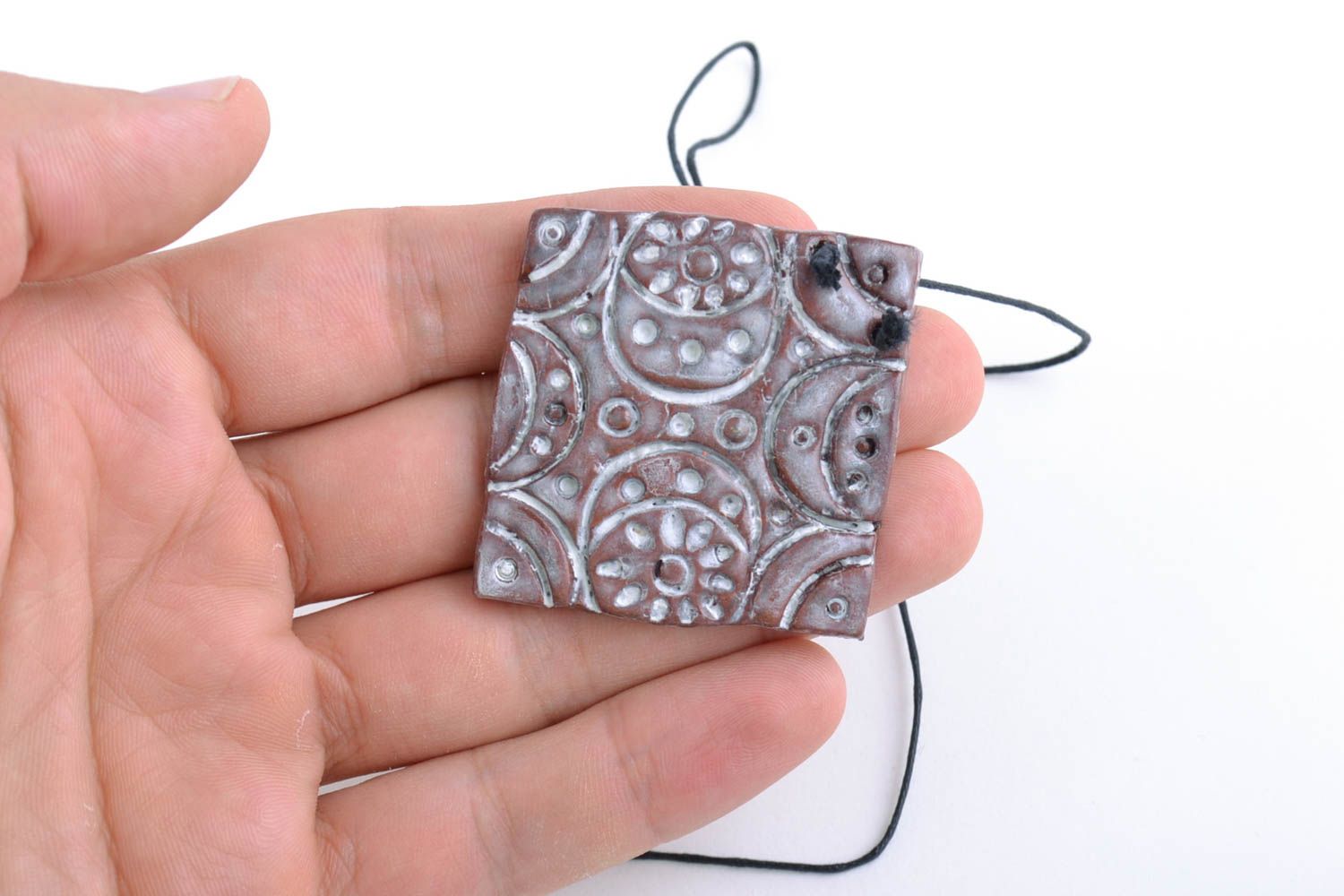 Handmade designer square ceramic pendant with ornaments painted with acrylics photo 2