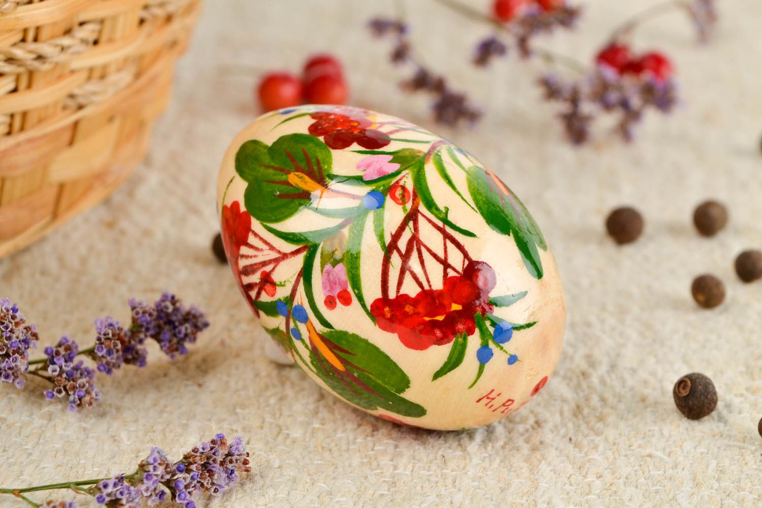 Oeuf de Pâques fait main en bois Déco Pâques ornement floral peint Déco maison photo 1