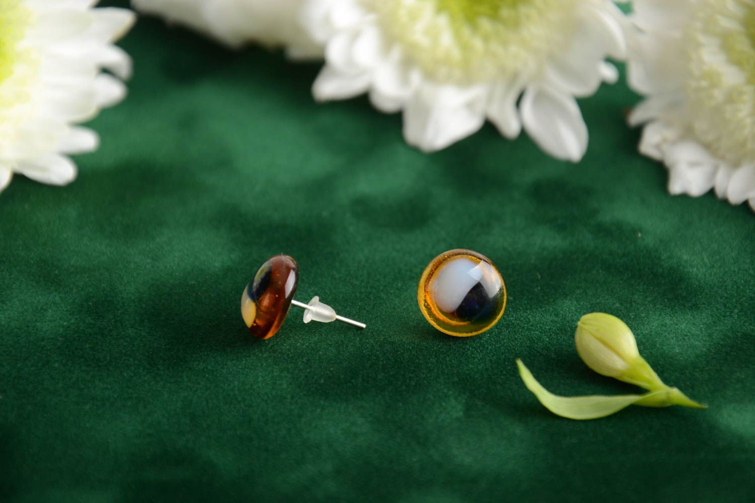 Unusual stud earrings glass fusing technique handmade designer jewelry photo 1