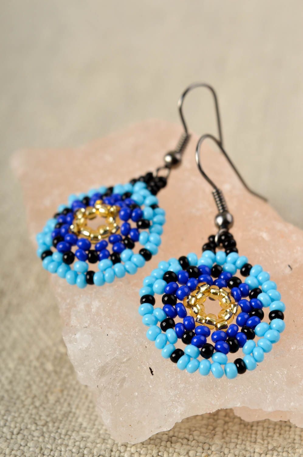 Handmade unusual earrings beaded round earrings blue accessory gift for her photo 1