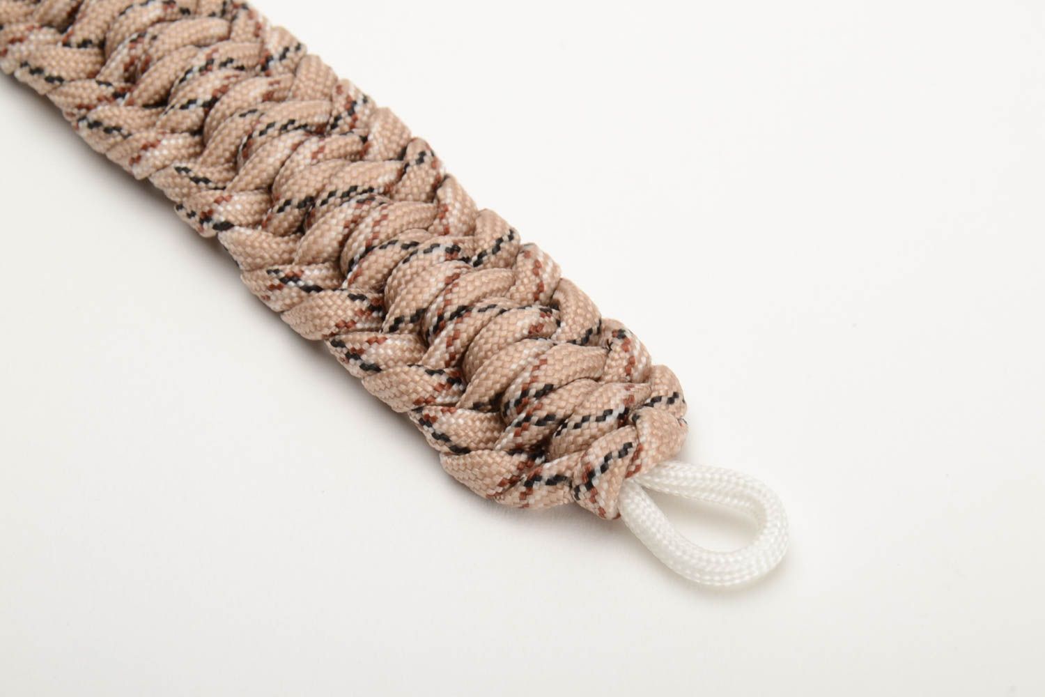 Handmade broad survival wrist bracelet woven of parachute cord of beige color  photo 3