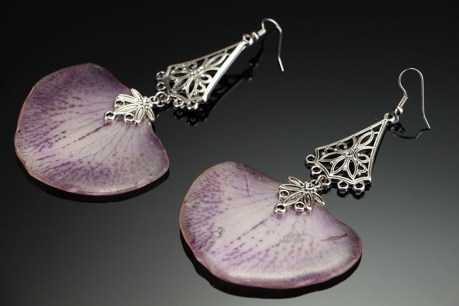 Big earrings with epoxy Orchid petal photo 1
