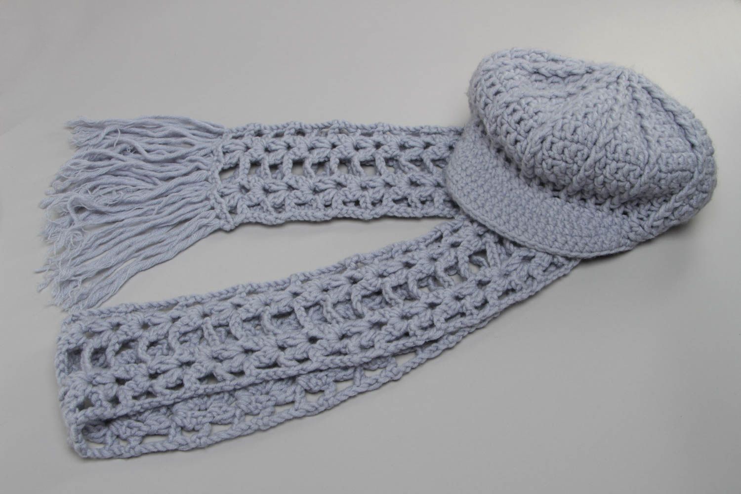 Stylish handmade women's crochet hat and scarf set of gray color photo 2