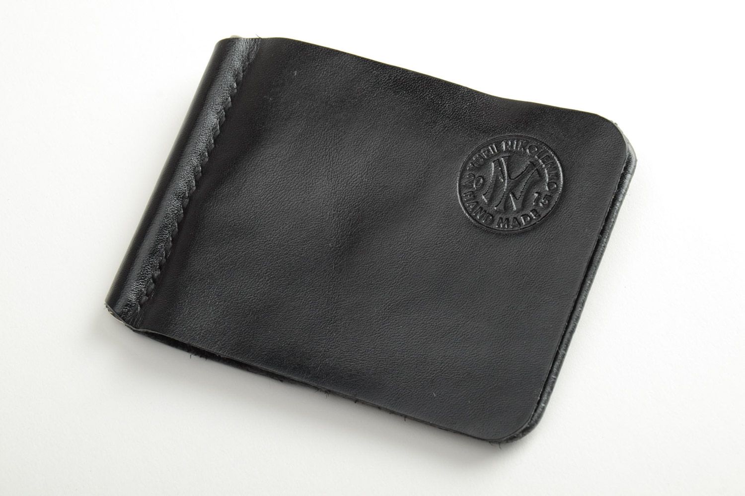 Handmade black leather money clip card holder with embossing and metal fittings photo 2