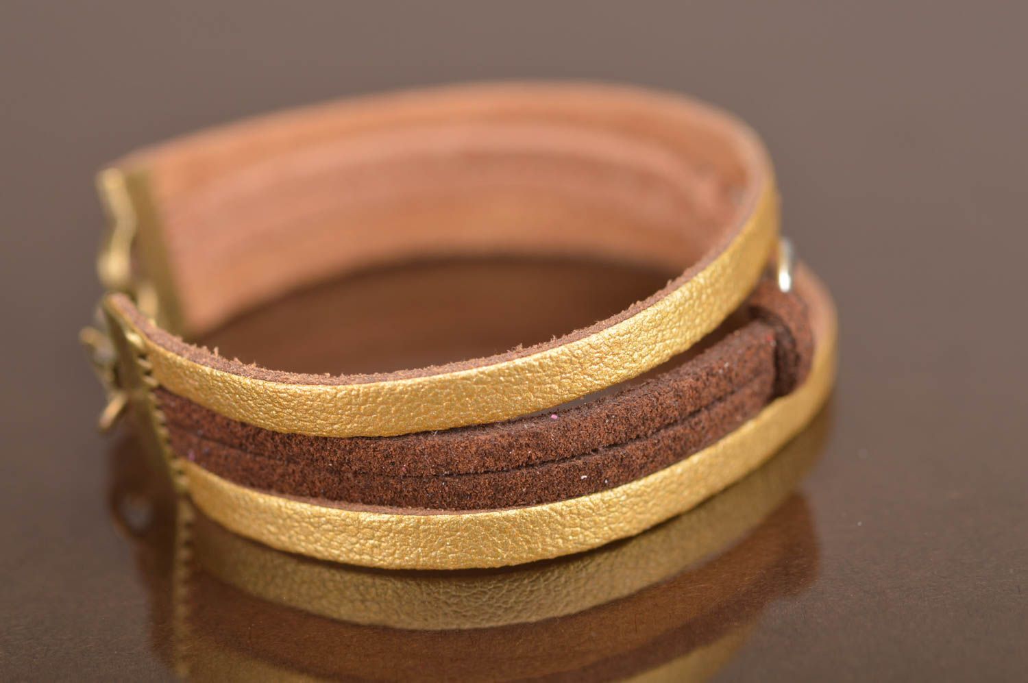 Handmade designer genuine leather and suede cords wrist bracelet brown and gold photo 3