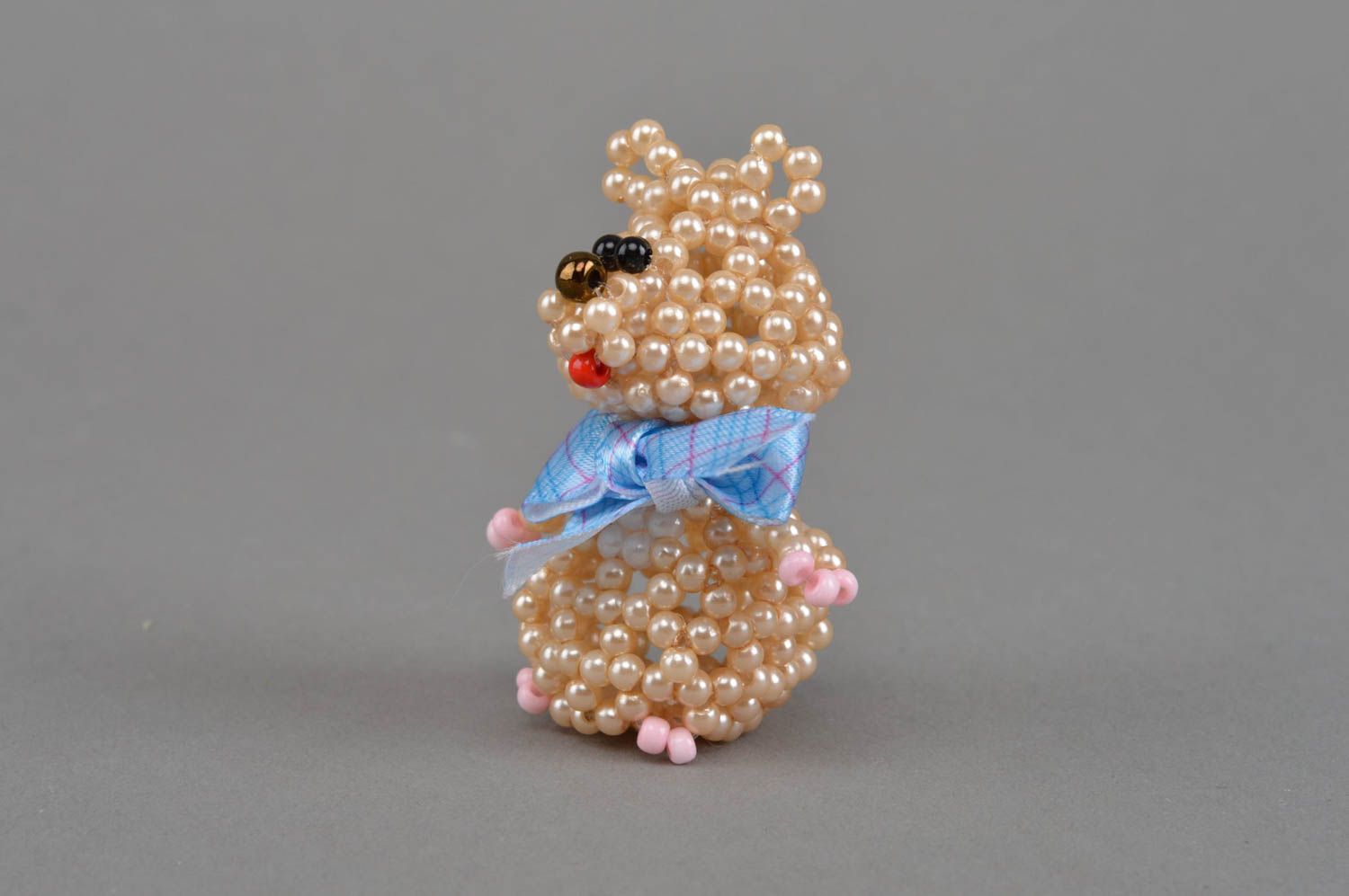 Small handmade collectible beaded statuette of cream colored bear for home decor photo 7