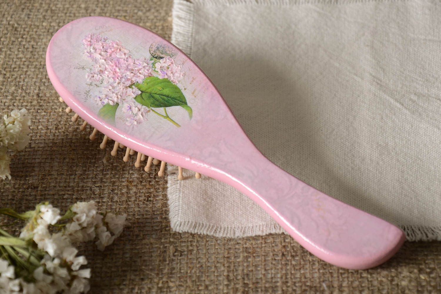 Handmade wooden hair brush decoupage hair brush pink accessory for girls photo 1