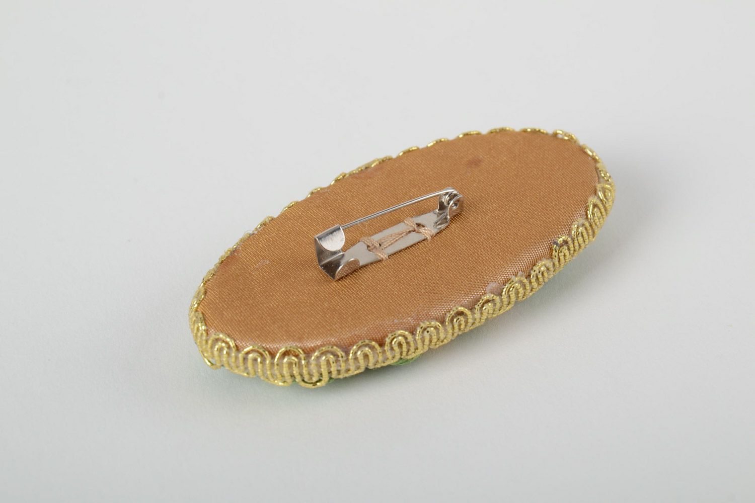Handmade elegant yellow large oval brooch with ribbon embroidery photo 4