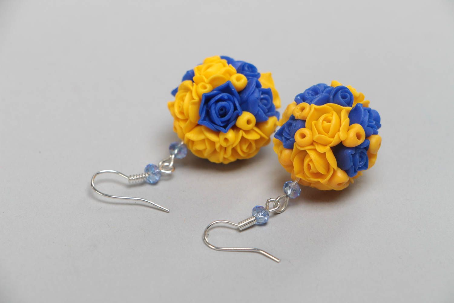 Earrings with flowers made of polymer clay with beads bright yellow with blue  photo 4
