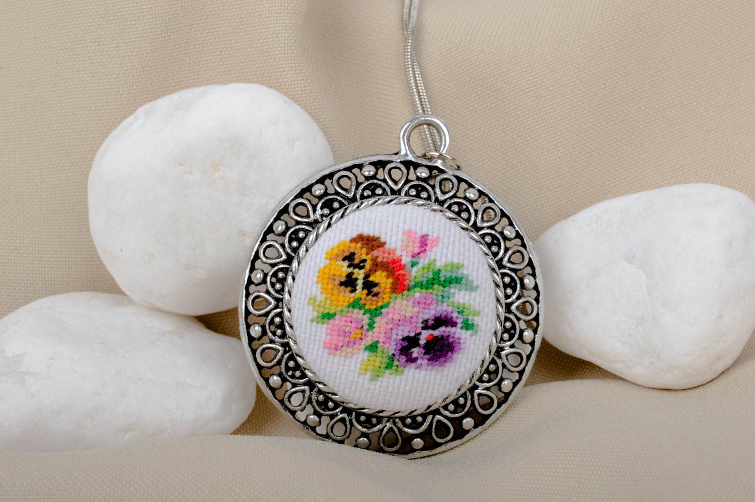 Handmade embroidered pendant unusual elegant jewelry unique accessory photo 2