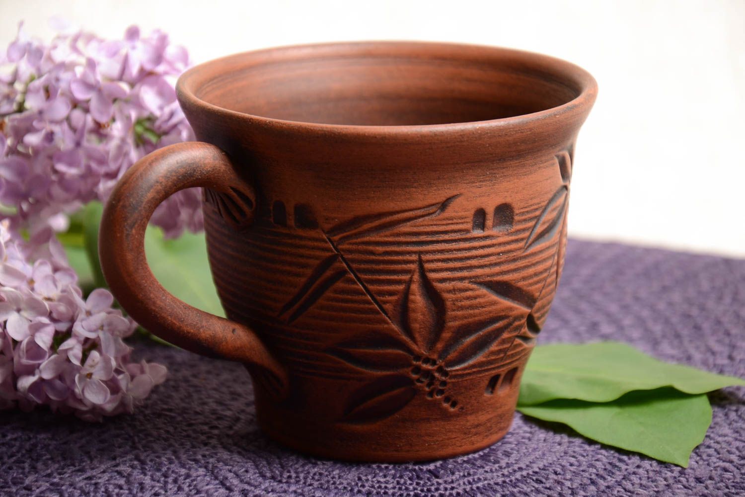 13 oz large clay light brown cup with handle and rustic simple pattern photo 1