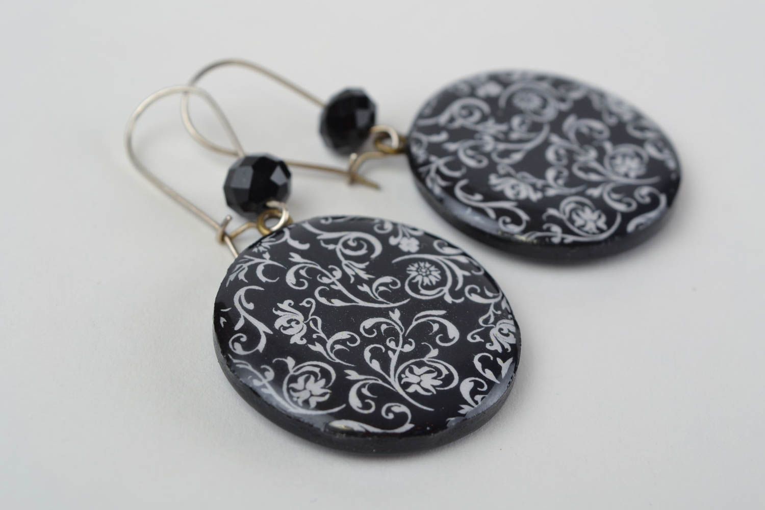 Stylish large handmade polymer clay round earrings black and white photo 5