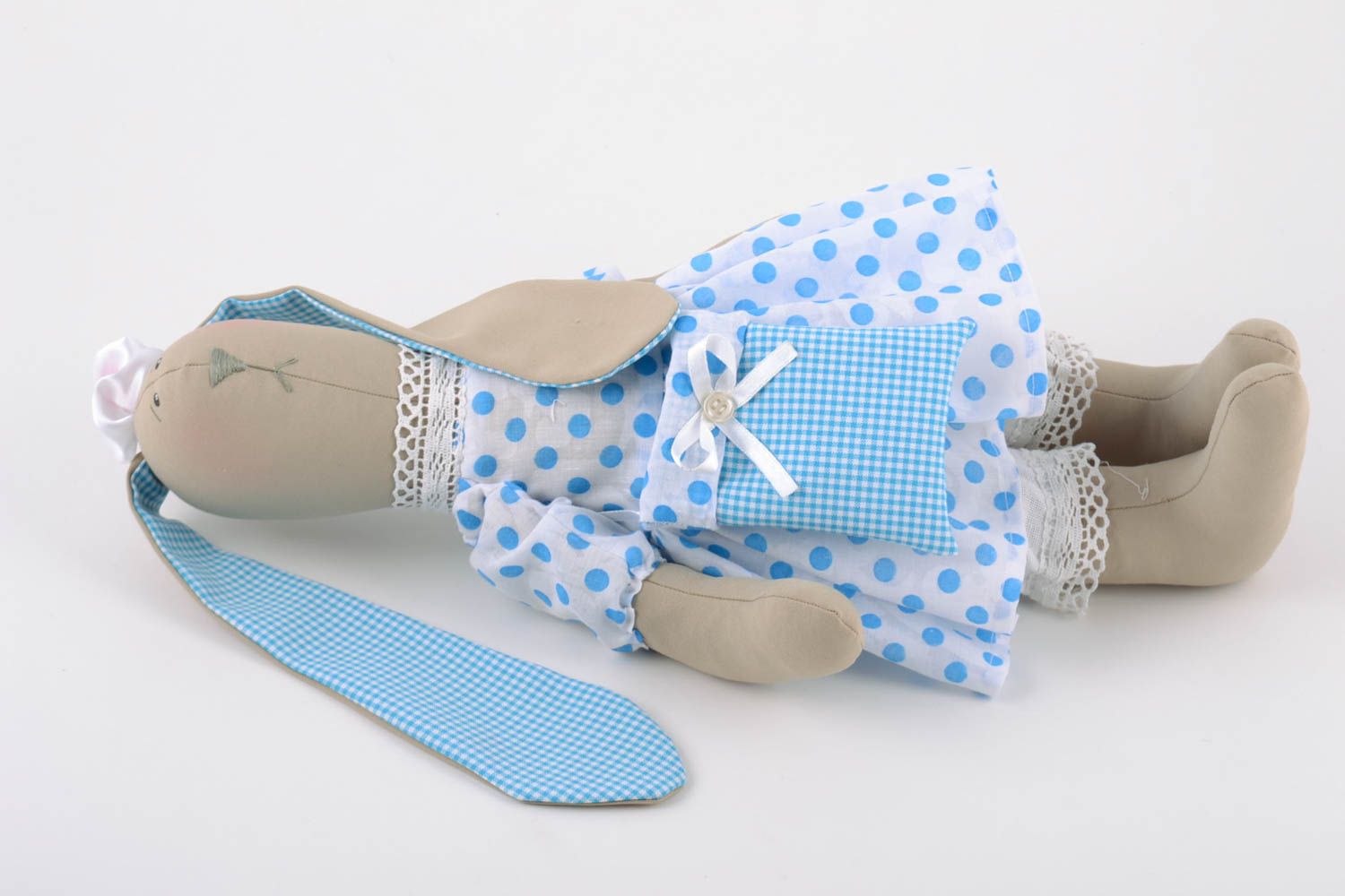 Handmade linen fabric soft toy rabbit in blue polka dot dress with small bag photo 4