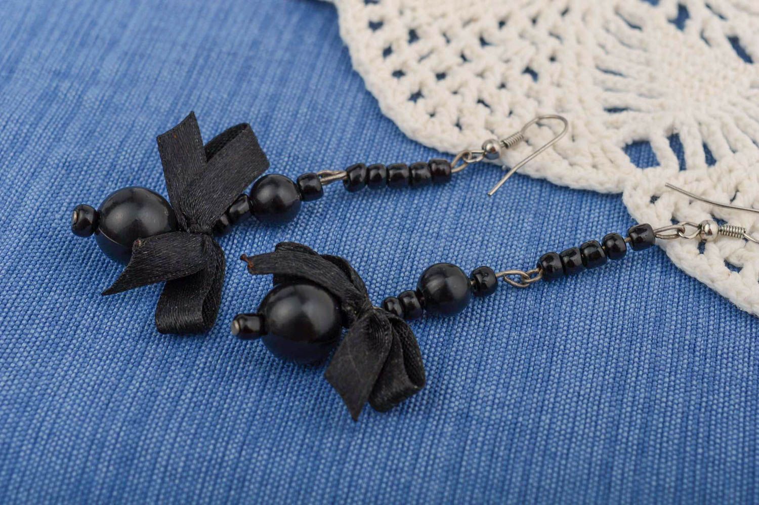 Handmade evening long dangle earrings with black beads and satin ribbon bows photo 1