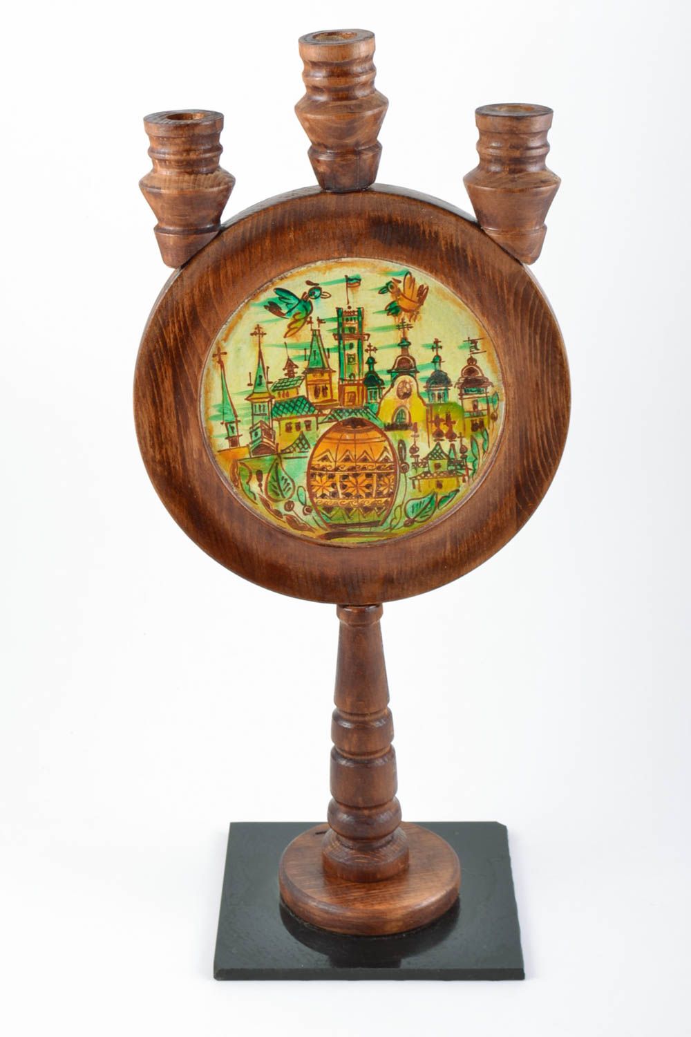 Handmade designer painted wooden candlestick of round shape on holder photo 2