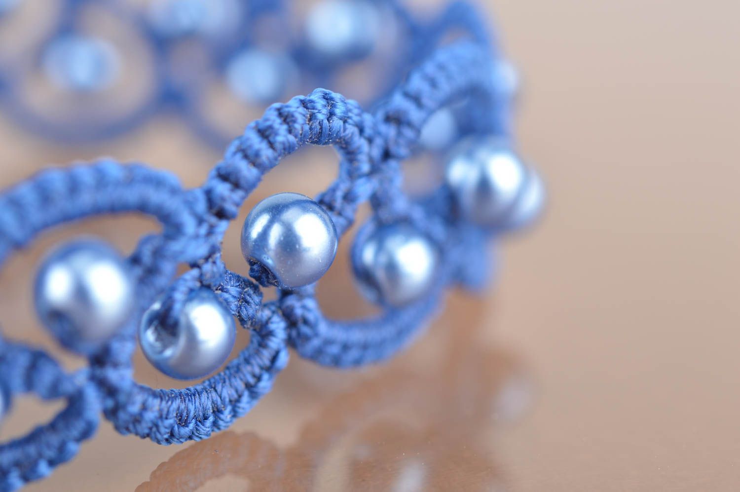 Handmade thin woven tatting bracelet with beads of blue color  photo 4
