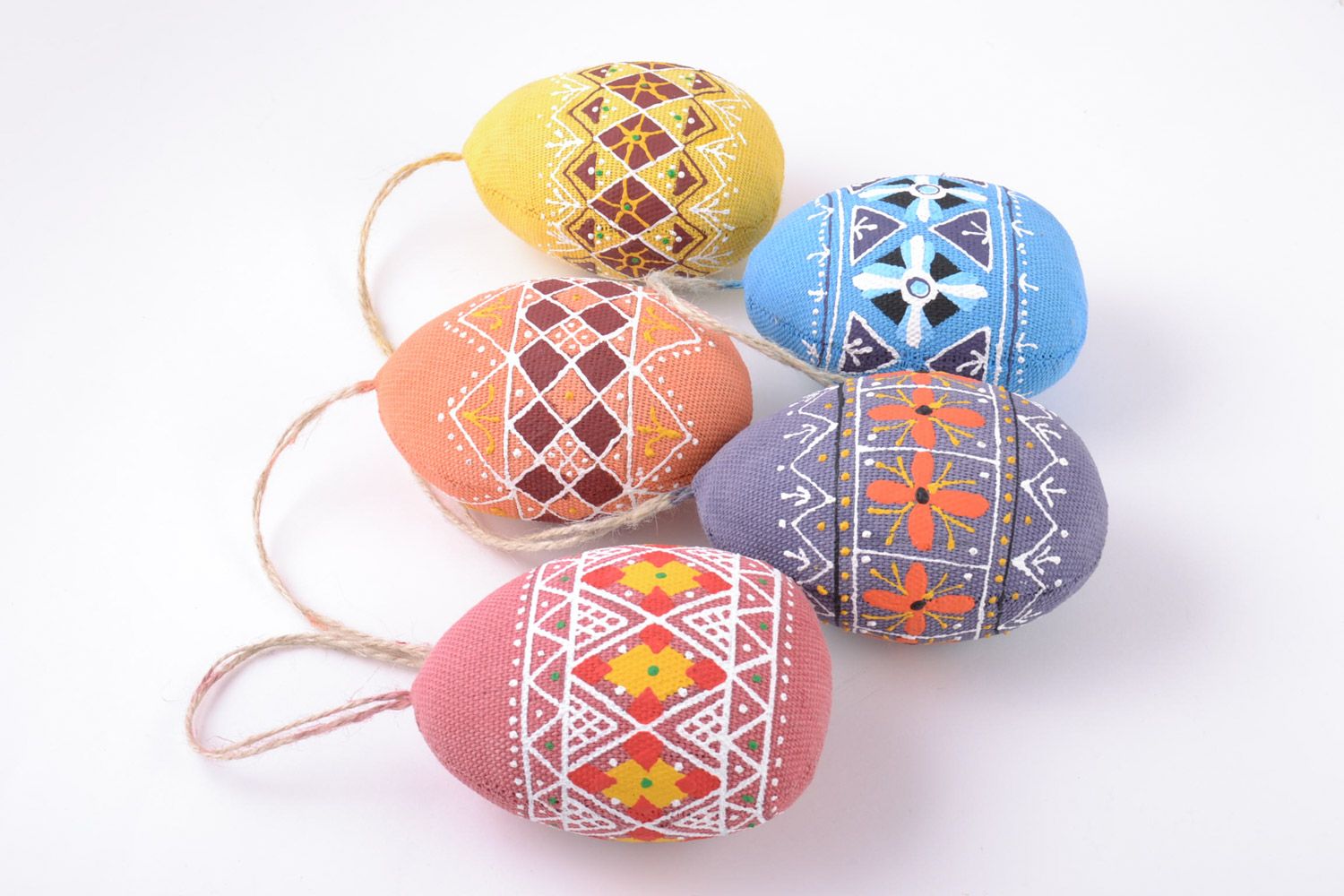 Set of 5 handmade decorative colorful soft ornamented Easter eggs sewn of fabric photo 3